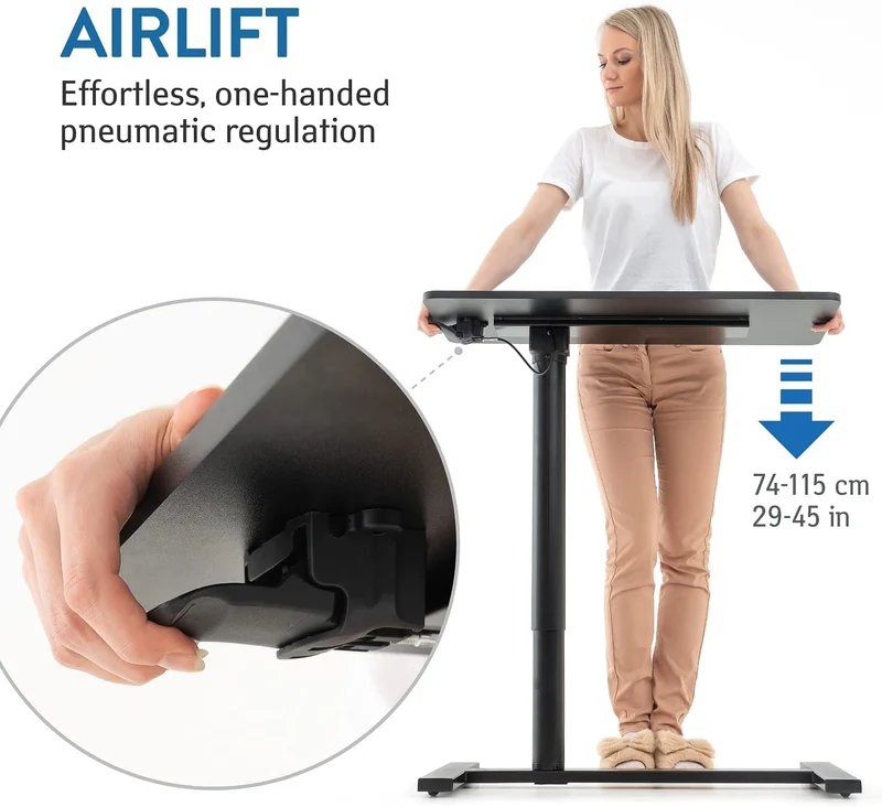 Tatkraft Bliss – Laptoptisch höhenverstellbarer, Airlift, 74–115 cm, Tischplatte 80 × 40 cm, für Laptops bis 20 Zoll, auf Rollen, Stahl, MDF, Schwarz