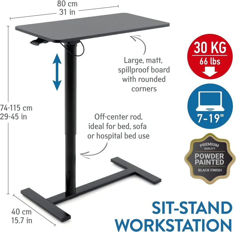 Tatkraft Bliss – Laptoptisch höhenverstellbarer, Airlift, 74–115 cm, Tischplatte 80 × 40 cm, für Laptops bis 20 Zoll, auf Rollen, Stahl, MDF, Schwarz