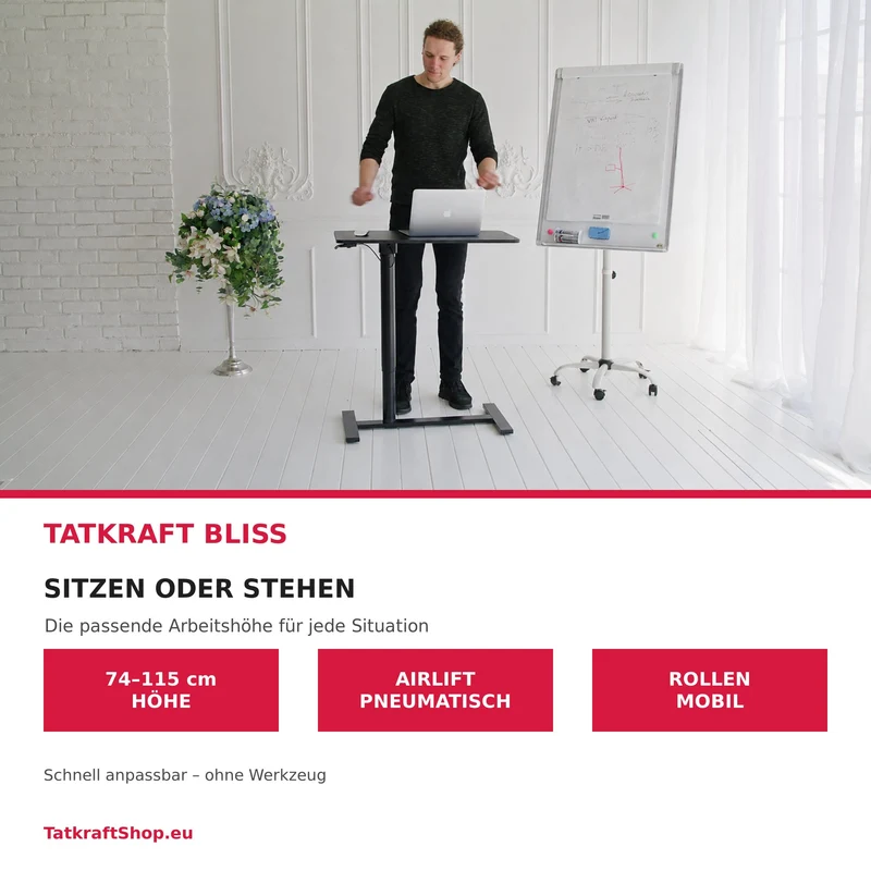 Tatkraft Bliss – Laptoptisch höhenverstellbarer, Airlift, 74–115 cm, Tischplatte 80 × 40 cm, für Laptops bis 20 Zoll, auf Rollen, Stahl, MDF, Schwarz