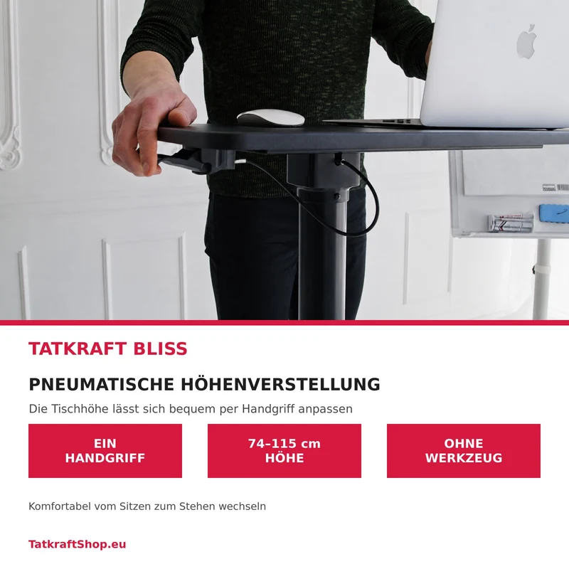 Tatkraft Bliss – Laptoptisch höhenverstellbarer, Airlift, 74–115 cm, Tischplatte 80 × 40 cm, für Laptops bis 20 Zoll, auf Rollen, Stahl, MDF, Schwarz