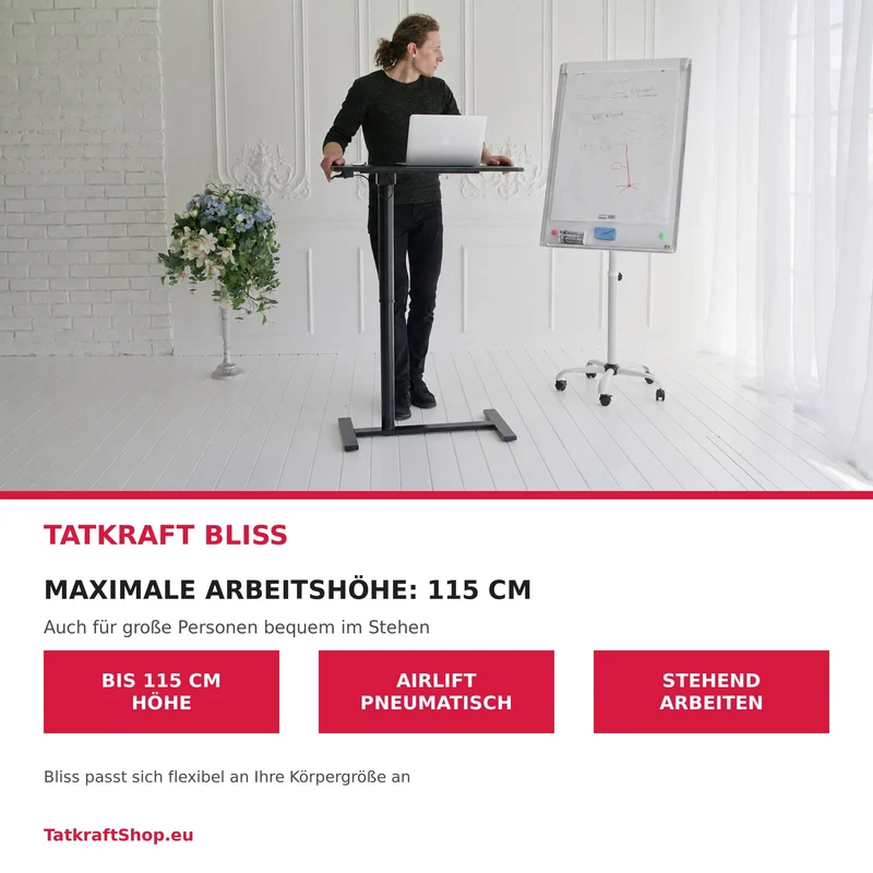 Tatkraft Bliss – Laptoptisch höhenverstellbarer, Airlift, 74–115 cm, Tischplatte 80 × 40 cm, für Laptops bis 20 Zoll, auf Rollen, Stahl, MDF, Schwarz