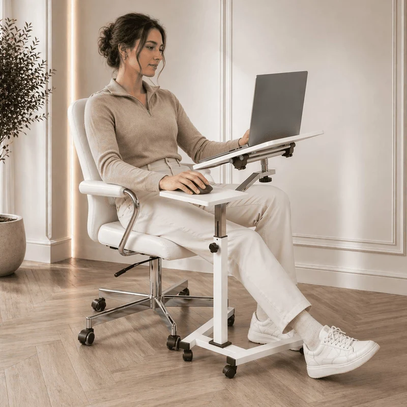 Tatkraft Like Laptoptisch Höhenverstellbar, Laptoptisch mit Rollen und Mausablage, Laptoptisch Sofa, Laptoptisch Bett, MDF, verchromter Stahl, weiß