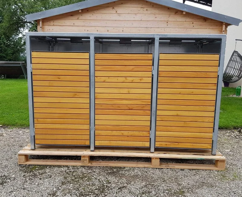 PREMIUM Zink 3er Mülltonnenbox mit Holztüren