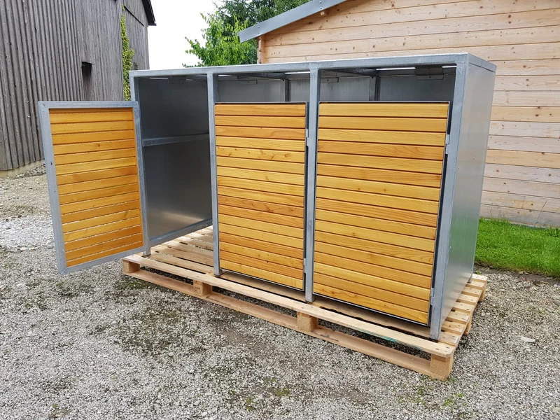 PREMIUM Zink 3er Mülltonnenbox mit Holztüren