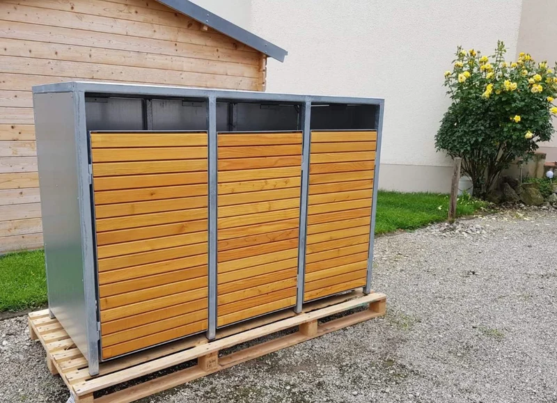 PREMIUM Zink 3er Mülltonnenbox mit Holztüren