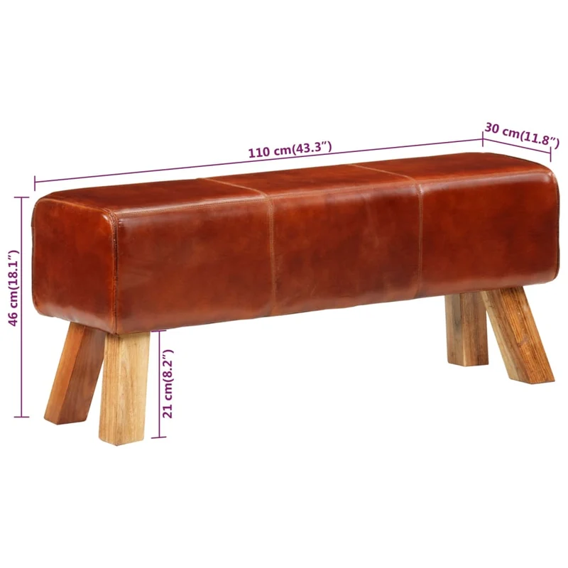vidaXL – Gepolsterte Sitzbank aus Echtleder und massivem Mangoholz, 110 × 30 × 46 cm, Braun