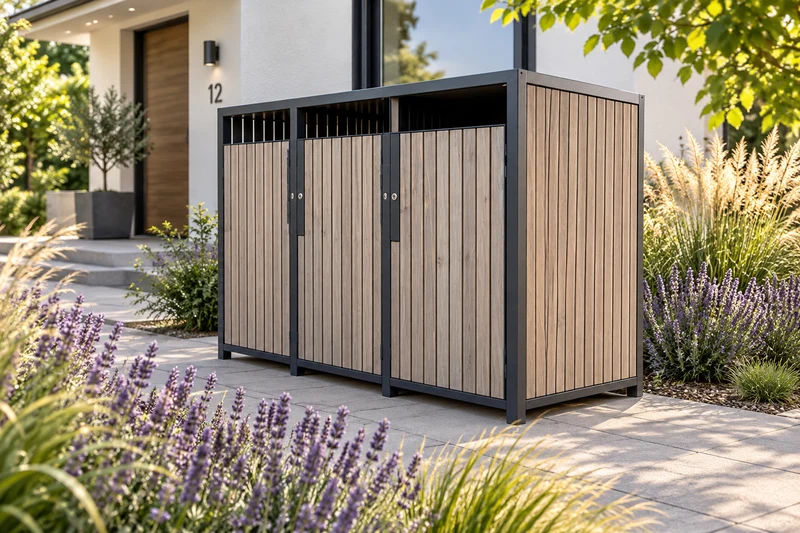 PREMIUM Holz 3er Mülltonnenbox Sand Stone - Zaunintegration