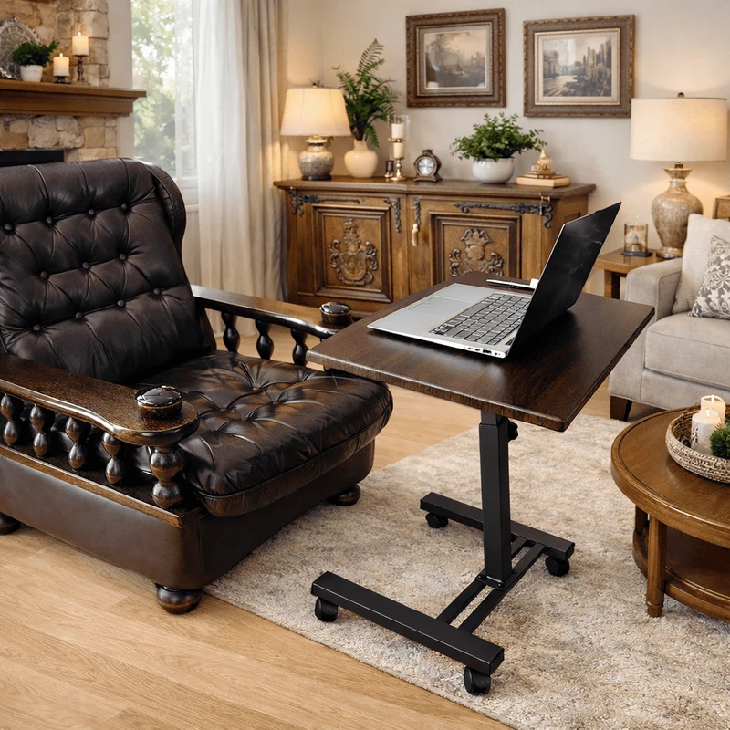 Tatkraft Salute - Laptoptisch Höhenverstellbar, Laptoptisch Sofa, Schreibtisch auf Rollen, Betttisch, MDF-Holz, Walnussfarbe, Stahl