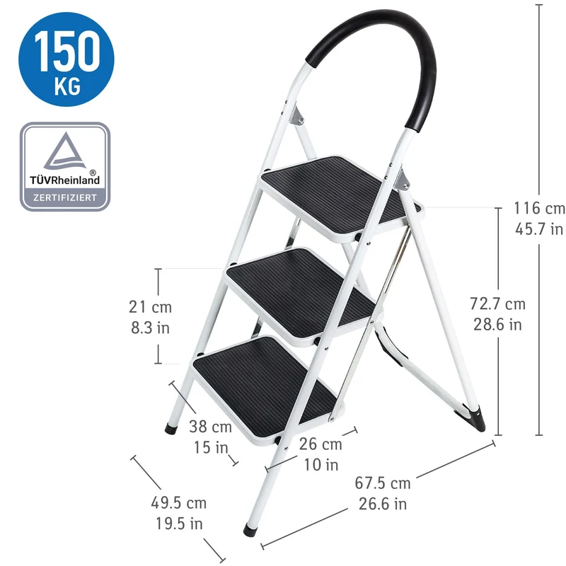 WonderWorker Bold - Stabile Sicherheitsleiter Bis 150 KG, Leiter mit Extra Breite Anti-Rutsch Stufen, Klappleiter 3 Stufen, Klappbar Stufenleiter