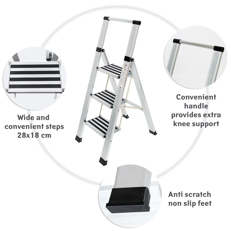 Tatkraft Adamant – Trittleiter 3 Stufen, bis 150 kg, Trittleiter Klappbar, rutschfesten Stufen, Aluminium, Modern Design
