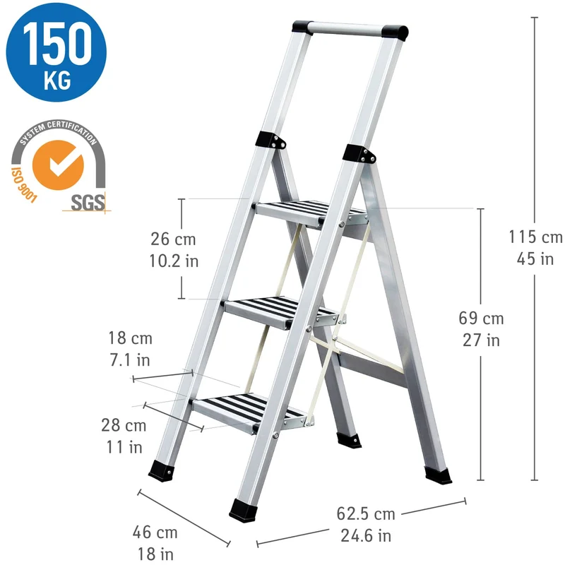 Tatkraft Adamant – Trittleiter 3 Stufen, bis 150 kg, Trittleiter Klappbar, rutschfesten Stufen, Aluminium, Modern Design