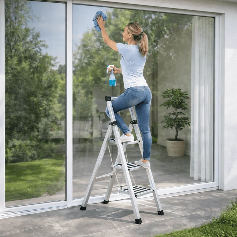 Tatkraft Adamant – Trittleiter 3 Stufen, bis 150 kg, Trittleiter Klappbar, rutschfesten Stufen, Aluminium, Modern Design