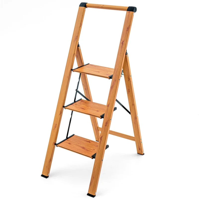 Tatkraft UP – Trittleiter 3 Stufen, bis 150 kg, Klappbar, 3 breite Anti-Rutsch-Stufen, hoher Handlauf, Gewicht 4,6 kg, 4,5 cm tief, Holzoptik