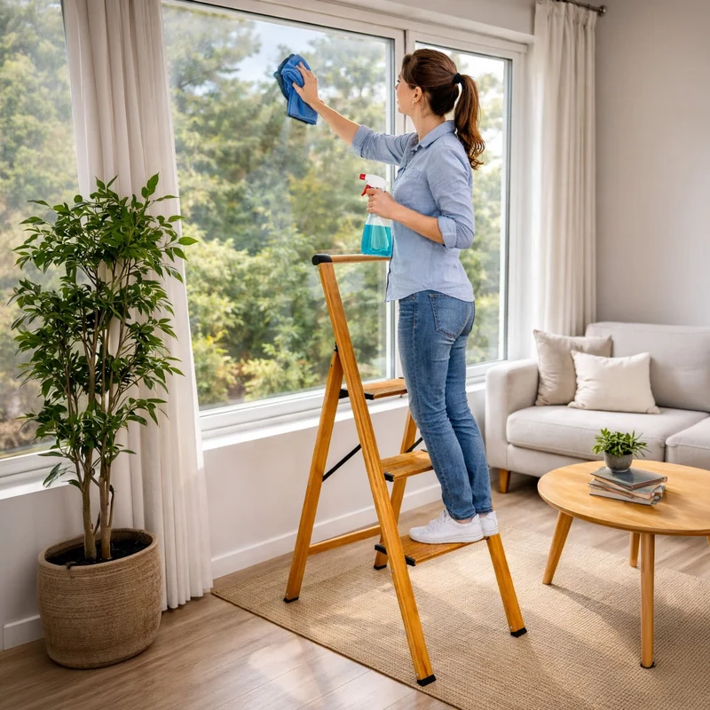 Tatkraft UP – Trittleiter 3 Stufen, bis 150 kg, Klappbar, 3 breite Anti-Rutsch-Stufen, hoher Handlauf, Gewicht 4,6 kg, 4,5 cm tief, Holzoptik