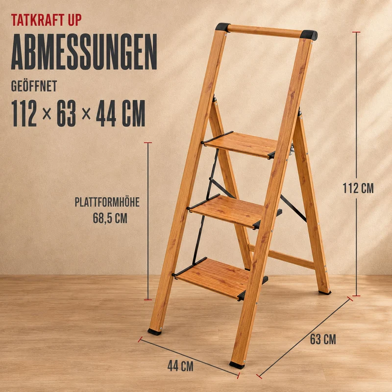 Tatkraft UP – Trittleiter 3 Stufen, bis 150 kg, Klappbar, 3 breite Anti-Rutsch-Stufen, hoher Handlauf, Gewicht 4,6 kg, 4,5 cm tief, Holzoptik