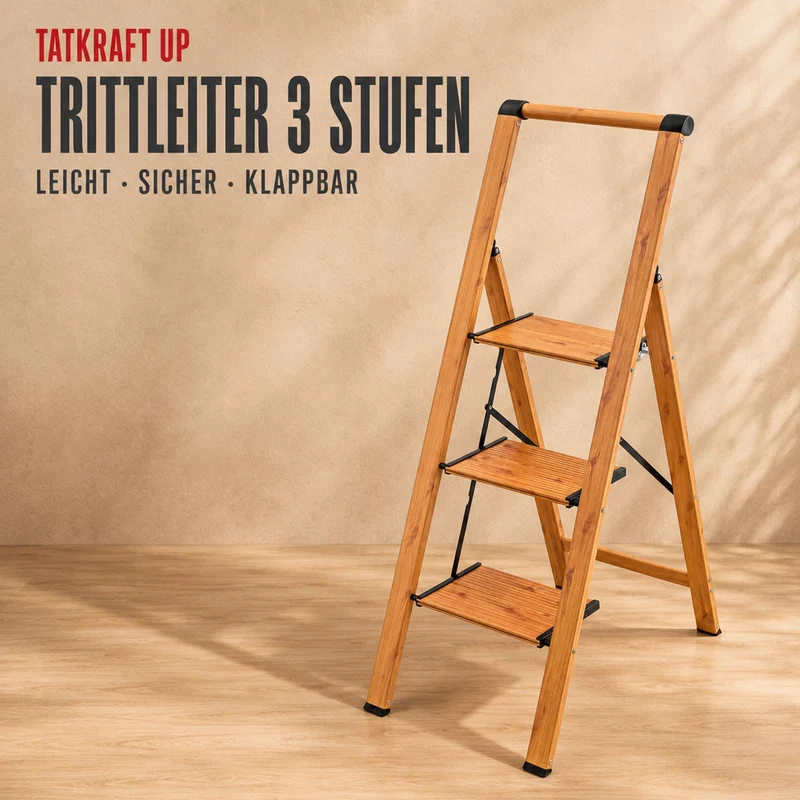 Tatkraft UP – Trittleiter 3 Stufen, bis 150 kg, Klappbar, 3 breite Anti-Rutsch-Stufen, hoher Handlauf, Gewicht 4,6 kg, 4,5 cm tief, Holzoptik