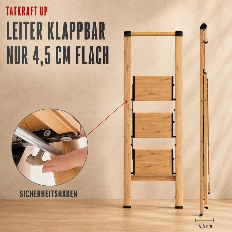 Tatkraft UP – Trittleiter 3 Stufen, bis 150 kg, Klappbar, 3 breite Anti-Rutsch-Stufen, hoher Handlauf, Gewicht 4,6 kg, 4,5 cm tief, Holzoptik