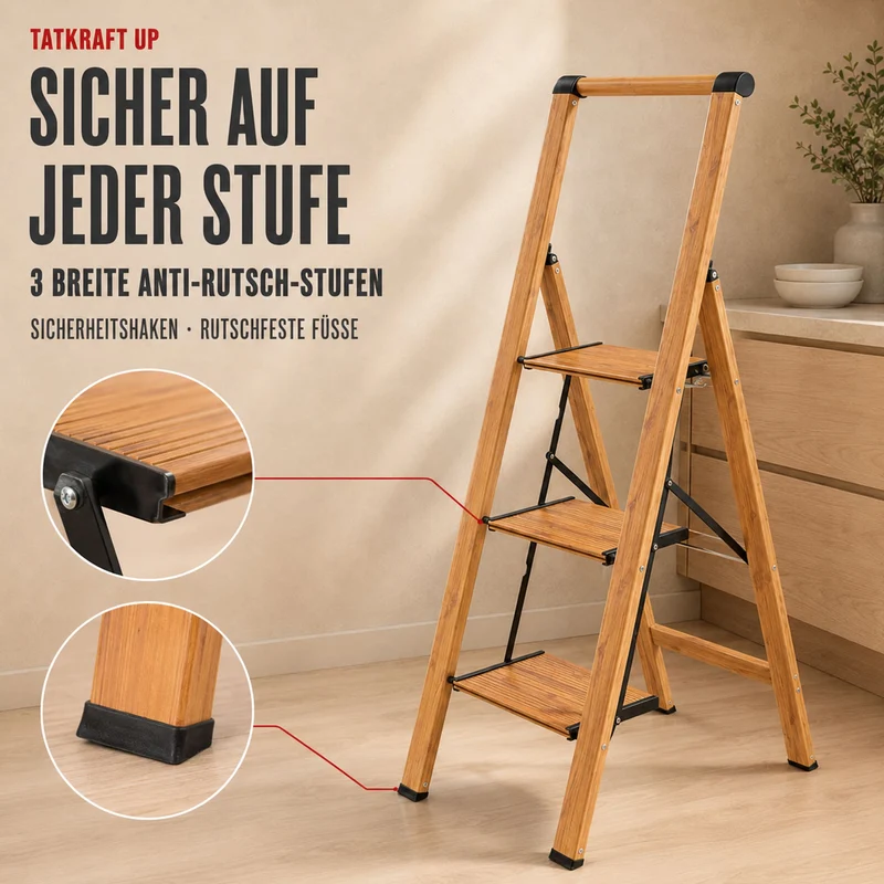 Tatkraft UP – Trittleiter 3 Stufen, bis 150 kg, Klappbar, 3 breite Anti-Rutsch-Stufen, hoher Handlauf, Gewicht 4,6 kg, 4,5 cm tief, Holzoptik