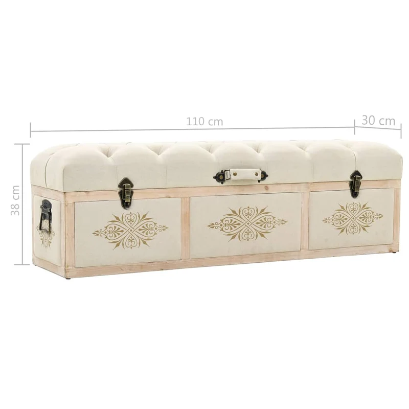 vidaXL - Sitzbank mit Stauraum, Bank zum Sitzen, 110 x 30 x 38 cm, Massivholz Tanne und Stoff, Creme