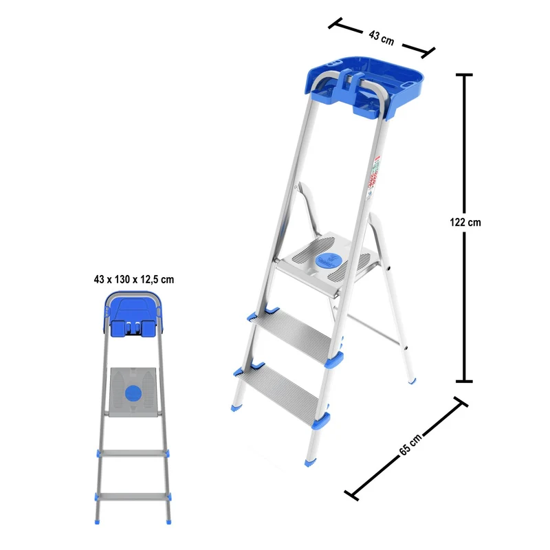 Colombo ATLANTICA – Aluminium-Trittleiter mit 3 Stufen und Werkzeugablage, bis 150 kg, EN 131, TÜV-GS, Made in Italy