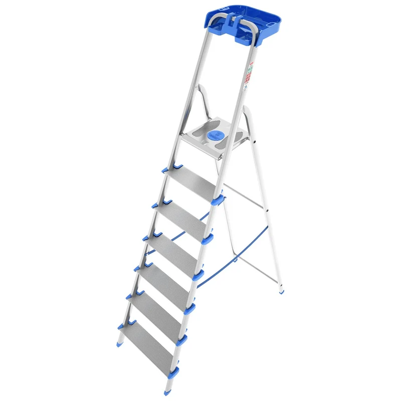 Colombo ATLANTICA - Trittleiter 7 Stufen, Klappleiter Alu, Extragroßer Stufe 12cm, Stufenleiter, mit Ablageschale, Max. Belastbar 150kg, Aluminium