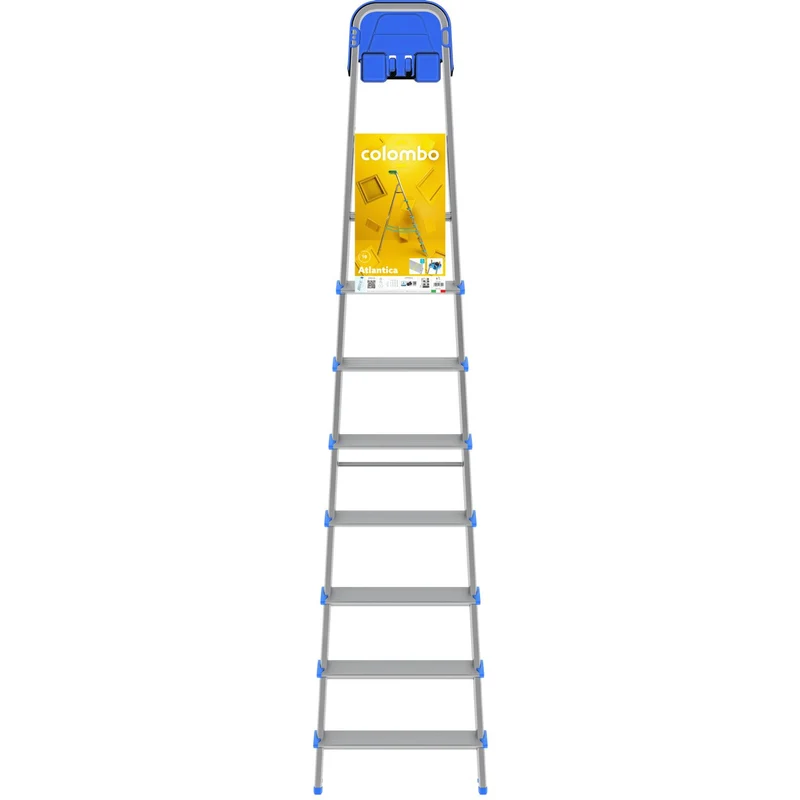 Colombo ATLANTICA – Trittleiter mit 8 Stufen, 12 cm breiten Aluminiumstufen, Werkzeugablage, bis 150 kg, Made in Italy