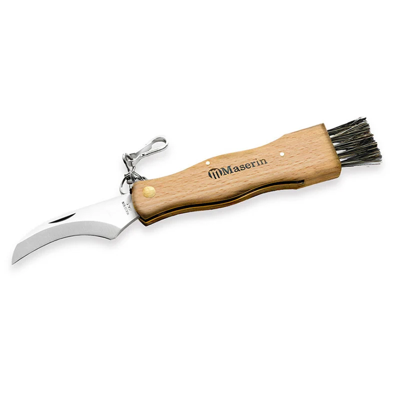 Maserin Coglifunghi Pilzmesser mit Bürste, mit Maßskal, mit Pinzette, mit Federclip, Klappmesser, Made in Italy, AISI 440 Edelstahl, Buche