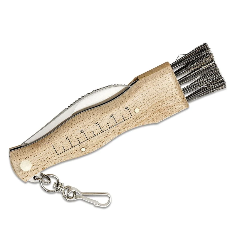 Maserin Coglifunghi Pilzmesser mit Bürste, mit Maßskal, mit Pinzette, mit Federclip, Klappmesser, Made in Italy, AISI 440 Edelstahl, Buche