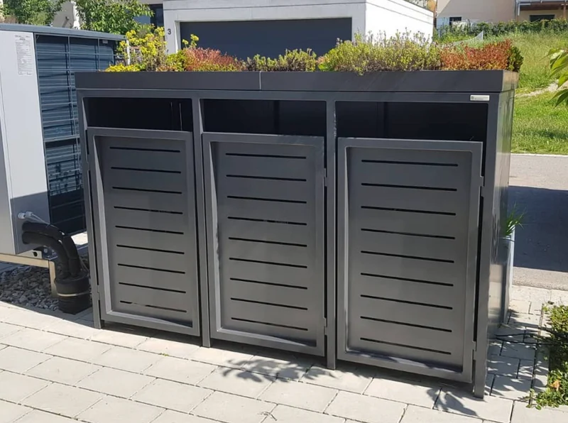 PREMIUM Design 3er Mülltonnenbox mit Pflanzdach