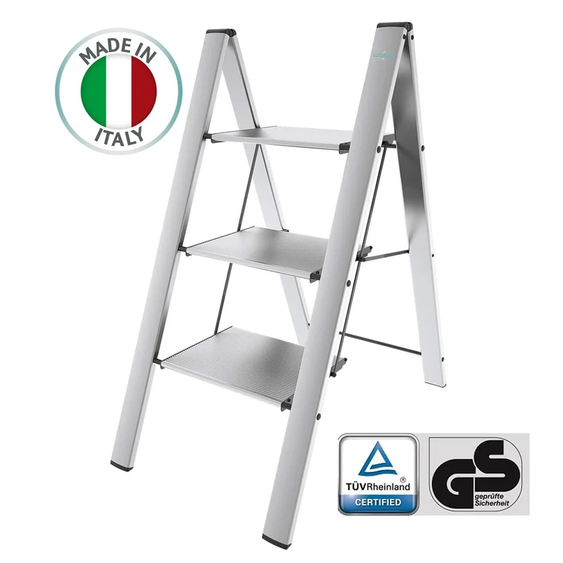 Colombo Leonardo 3 – Trittleiter mit 3 Stufen, bis 150 kg, Aluminium, 106 × 50 × 4,5 cm zusammengeklappt