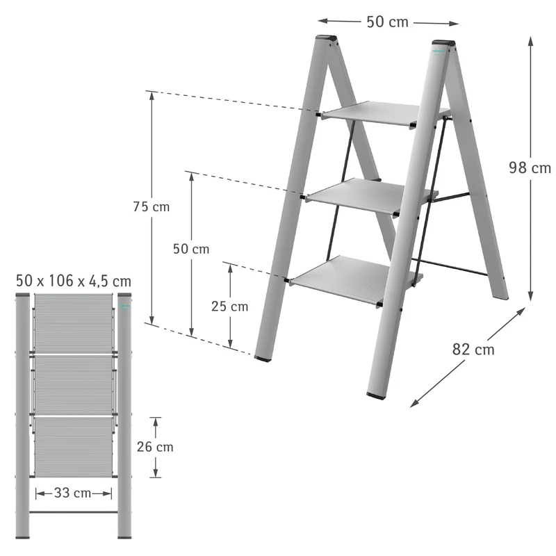 Colombo Leonardo 3 – Trittleiter mit 3 Stufen, bis 150 kg, Aluminium, 106 × 50 × 4,5 cm zusammengeklappt