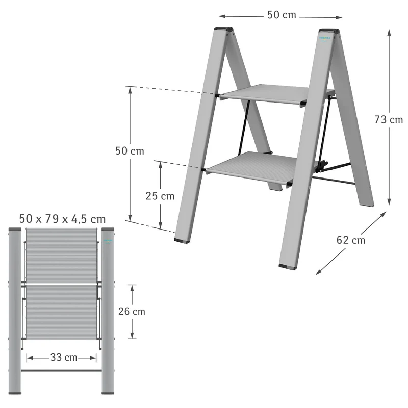 Colombo Leonardo 2 – Klappbare Trittleiter mit 2 Stufen, bis 150 kg, Aluminium, 79 × 50 × 4,5 cm geschlossen, Made in Italy