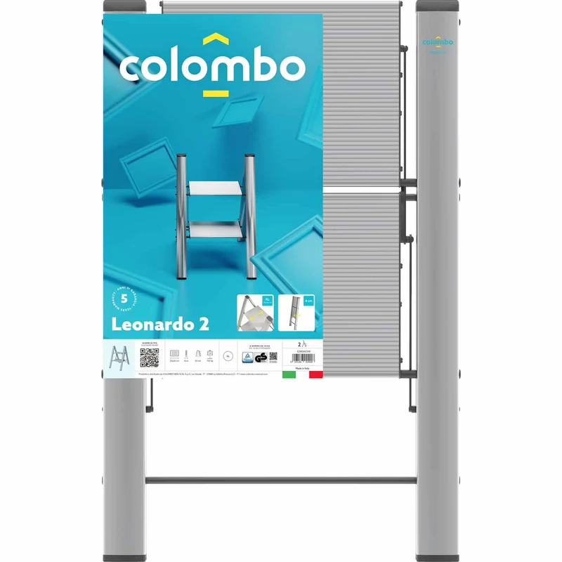Colombo Leonardo 2 – Klappbare Trittleiter mit 2 Stufen, bis 150 kg, Aluminium, 79 × 50 × 4,5 cm geschlossen, Made in Italy