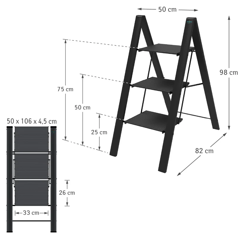 Colombo Leonardo 3 - Trittleiter, Trittleiter mit 3 Stufen, bis 150 kg Belastung, aus robustem, rostfreiem Aluminium, Schwarz