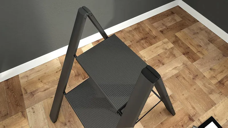 Colombo Leonardo 2 – Trittleiter mit 2 Stufen, klappbar, stabiler Aluminiumrahmen, bis 150 kg belastbar, rutschfest, leicht, Schwarz