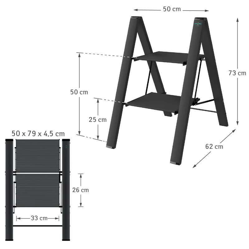 Colombo Leonardo 2 – Trittleiter mit 2 Stufen, klappbar, stabiler Aluminiumrahmen, bis 150 kg belastbar, rutschfest, leicht, Schwarz