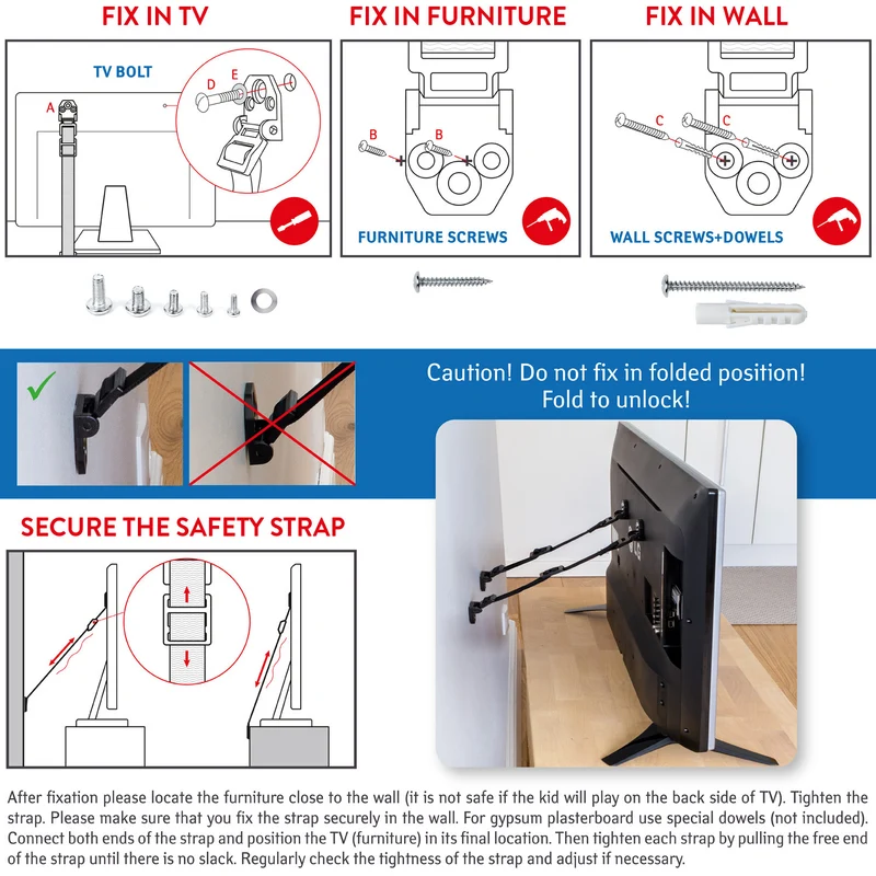 Tatkraft Protect – TV Möbel-Kippsicherung für Kinder, 4 Gurte, Länge bis 70,4 cm.