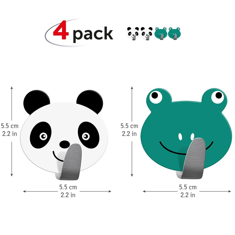 Tatkraft Tream - Klebehaken, Klebehaken Kinder, 4-er Pack, Handtuchhalter, Aus Edelstahl, Panda und Frosch Design, Handtuchhaken Selbstklebend