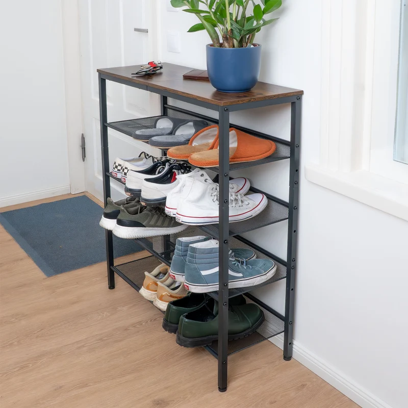 Tatkraft Otto - Schuhregal Metall, Schuhregal mit 5 Ablagen, verstellbar, Schuhregal Schmal, 75x28x93 cm, Vintagebraun Schwarz