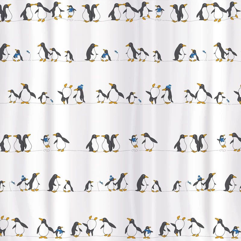 Tatkraft Penguins Duschvorhang mit 12 Vorhangringen, Textil Polyester, 180x180 cm