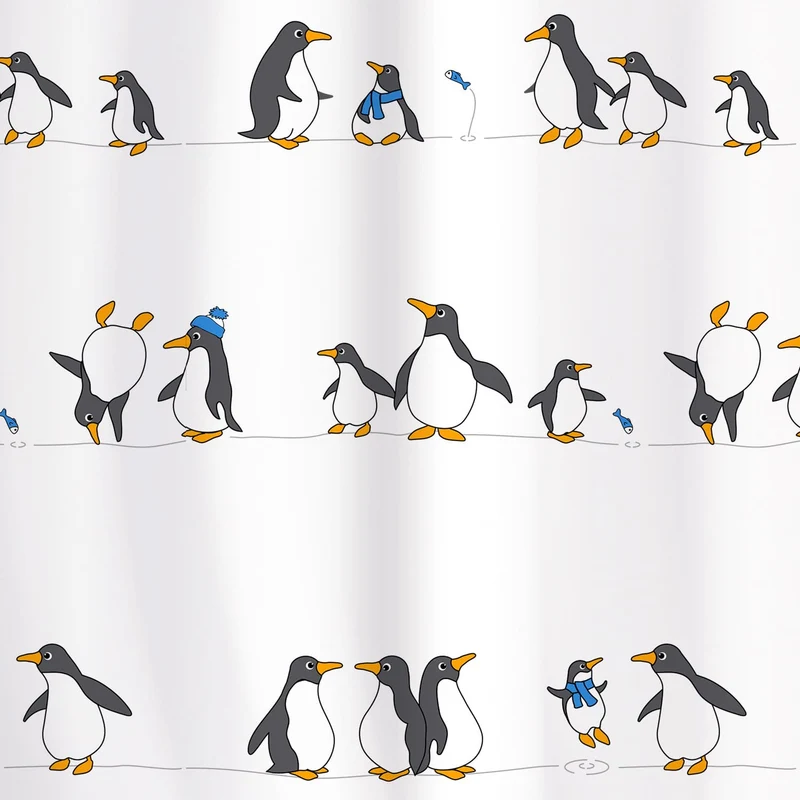 Tatkraft Penguins Duschvorhang mit 12 Vorhangringen, Textil Polyester, 180x180 cm