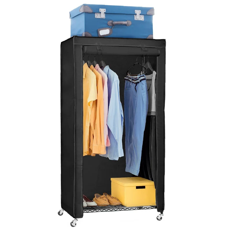 art moon Buffalo Schwerlast Faltschrank auf Rollen, bis 70kg, Kellershrank, Stoffschrank Stabil, Kleiderständer mit Ablage + Hülle, Stahl, Schwarz