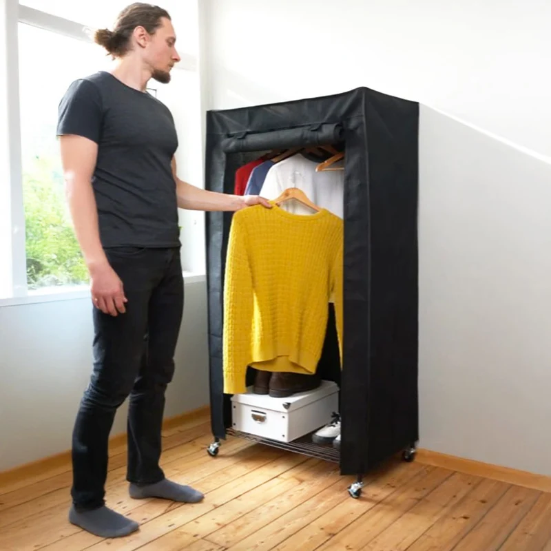 art moon Buffalo Schwerlast Faltschrank auf Rollen, bis 70kg, Kellershrank, Stoffschrank Stabil, Kleiderständer mit Ablage + Hülle, Stahl, Schwarz