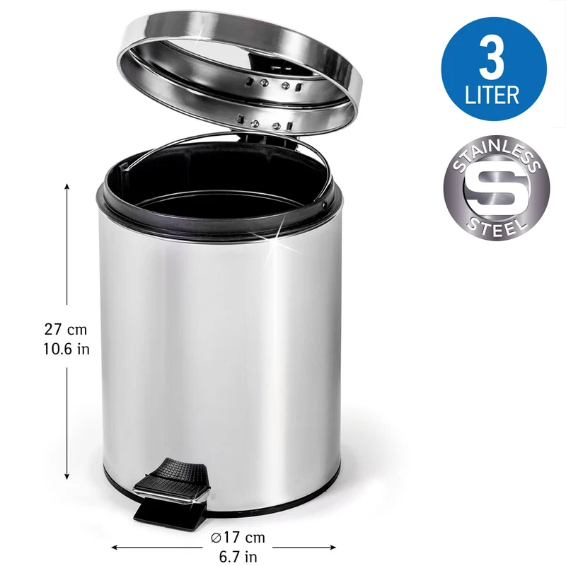art moon Moon 3L Abfalleimer, Kosmetikeimer Rundeimer, Edelstahl, Silber, Herausnehmbarer Inneneimer