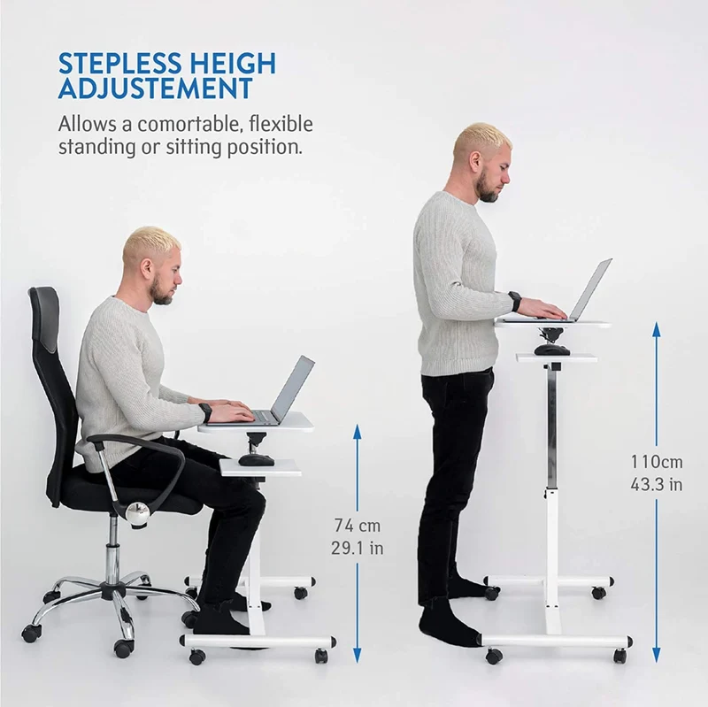 Tatkraft Bianca – Höhenverstellbarer Laptoptisch mit Rollen für Sofa und Bett, 72–110 cm, neigbar 0–160°, Weiß
