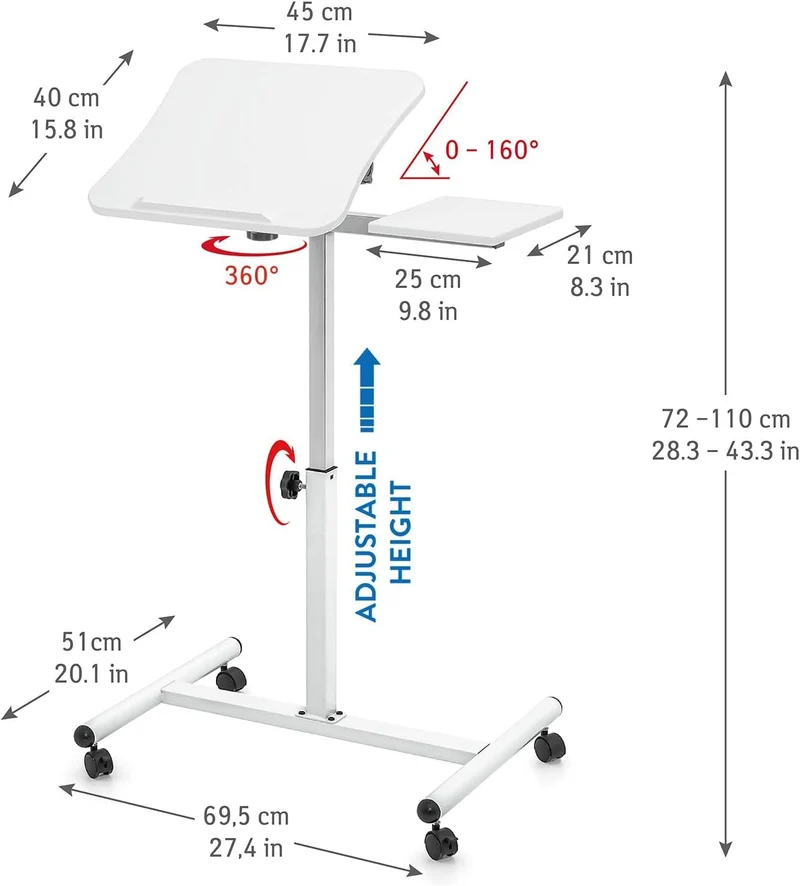 Tatkraft Bianca – Höhenverstellbarer Laptoptisch mit Rollen für Sofa und Bett, 72–110 cm, neigbar 0–160°, Weiß