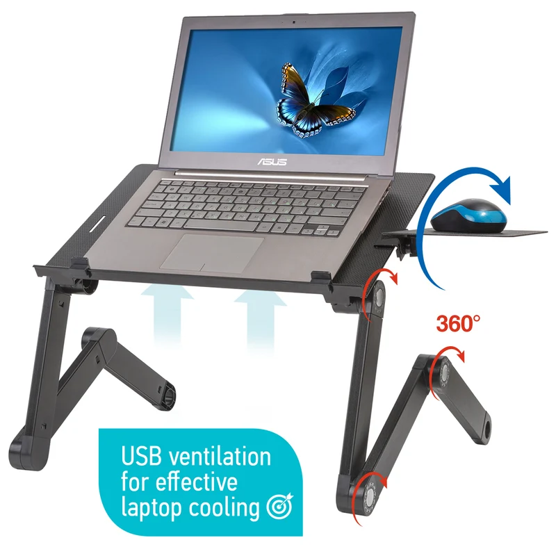 WonderWorker Einstein – klappbarer Laptoptisch fürs Bett und Sofa, höhenverstellbar, für Laptops bis 17 Zoll, mit 2 USB-Lüftern, Schwarz