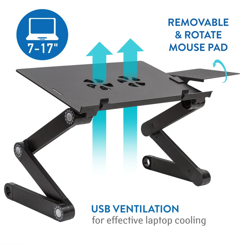 WonderWorker Einstein – klappbarer Laptoptisch fürs Bett und Sofa, höhenverstellbar, für Laptops bis 17 Zoll, mit 2 USB-Lüftern, Schwarz