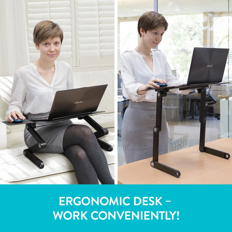 WonderWorker Einstein – klappbarer Laptoptisch fürs Bett und Sofa, höhenverstellbar, für Laptops bis 17 Zoll, mit 2 USB-Lüftern, Schwarz