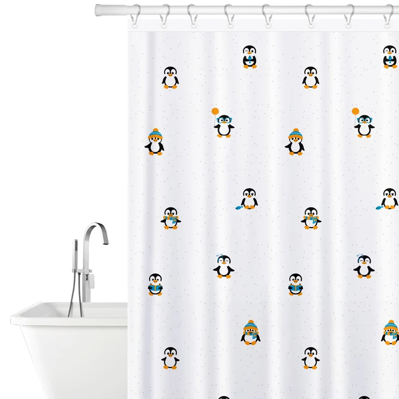 Tatkraft Funny Penguins - Duschvorhang, mit 12 Vorhangringen, Textil Polyester, 180x180 cm